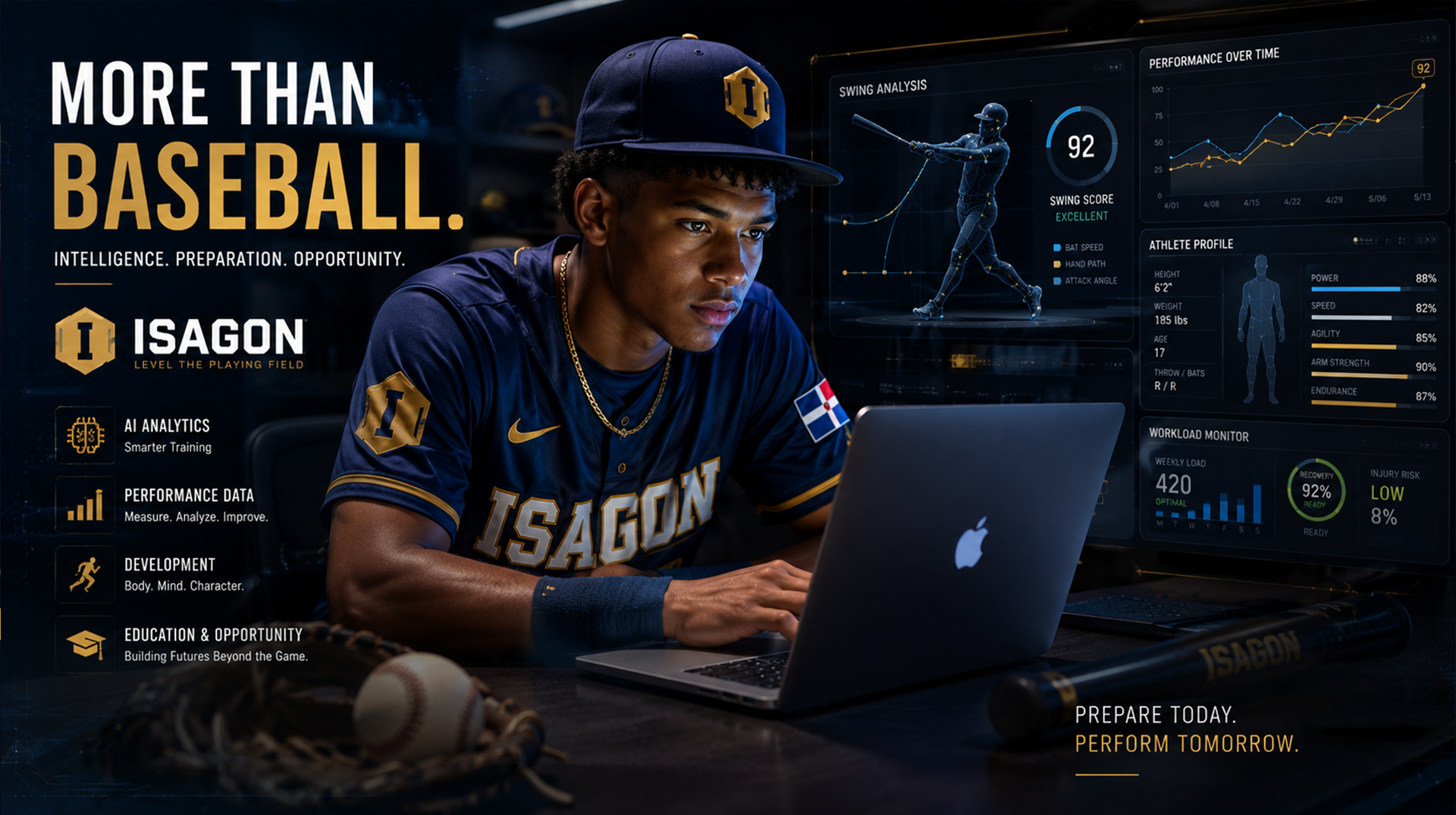 Young Dominican athlete using AI dashboards and sports performance data