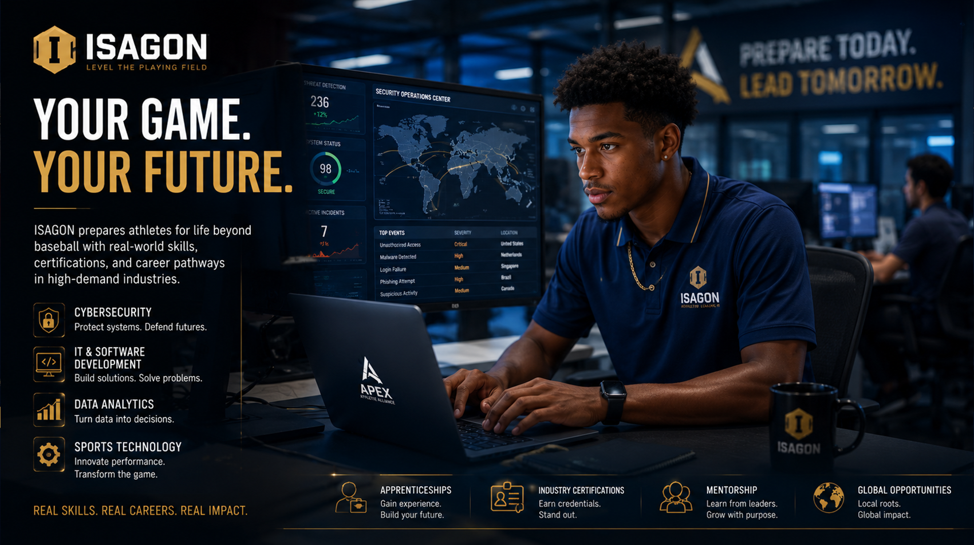 Athlete in professional technology and cybersecurity environment
